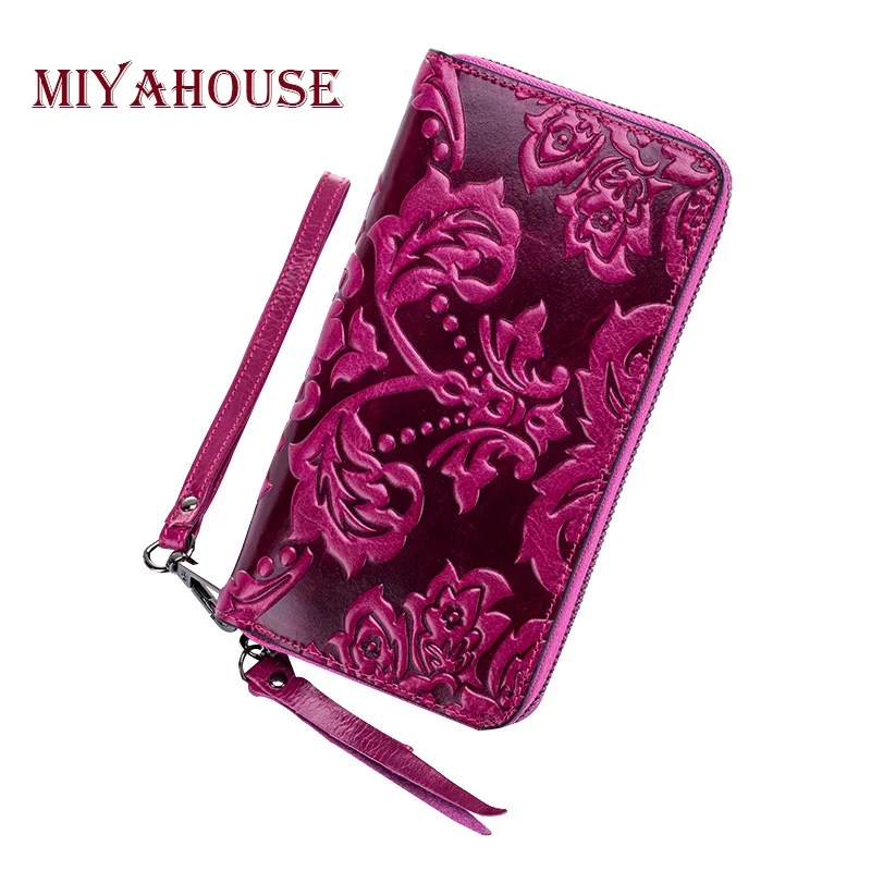

Miyahouse Luxury Leather Women Long Wallets Floral Embossing Female Zipper Wallet Genuine Leather Ladies Cell Phone Purse