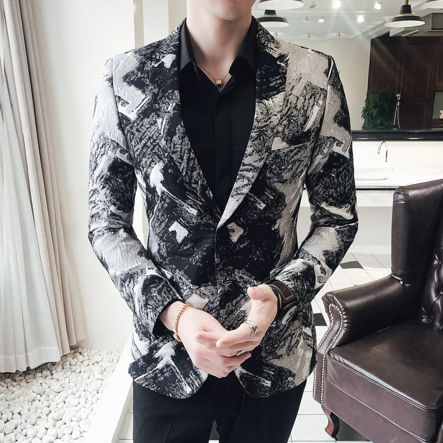 Blazer Male New British Fashion Urban Style Plus Size Youth Slim Fit Blazer Black Pattern Party Prom Tuxedos Mens Blazer Jacket