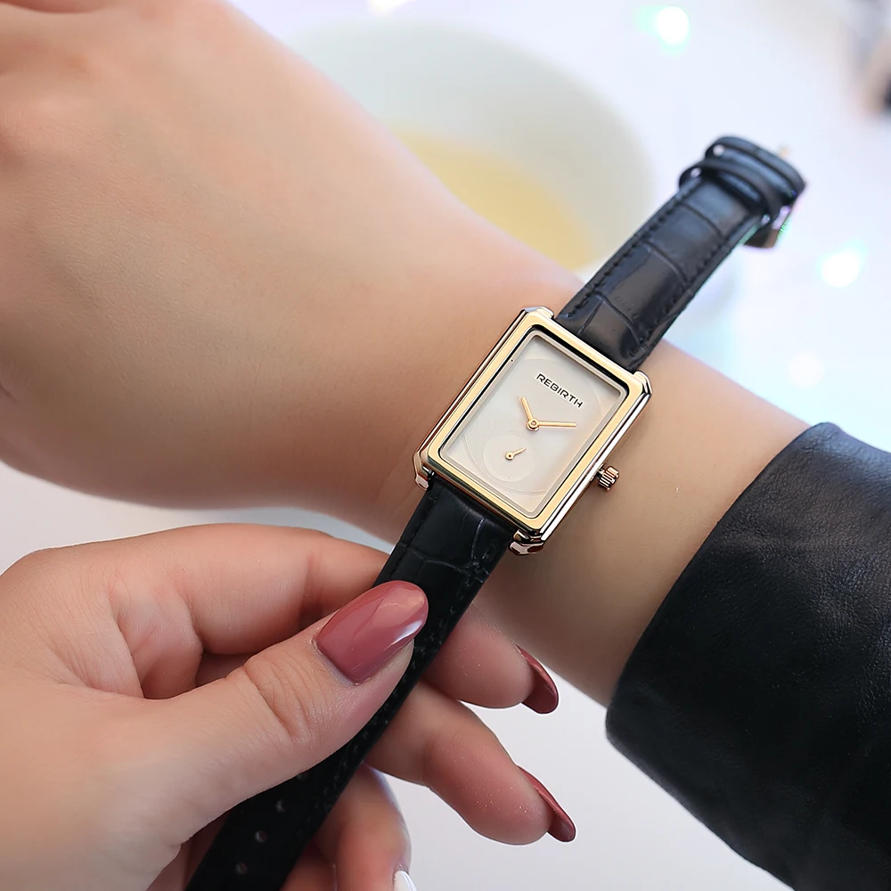 Модные брендовые популярные женские часы REBIRTH, женские часы с кожаным квадратным браслетом, кварцевые наручные часы, женские часы Montre Femme