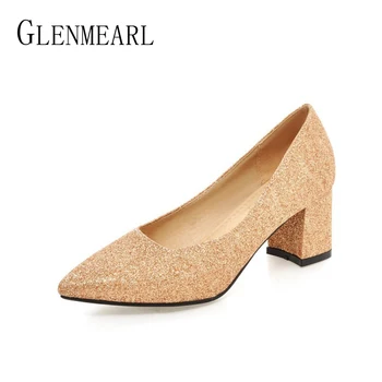 

Sequin Women High Heels Shoes Pumps Fashion Spring Thick Heels Single Brand Ladies Wedding Pumps Shoes Plus Size 34-46