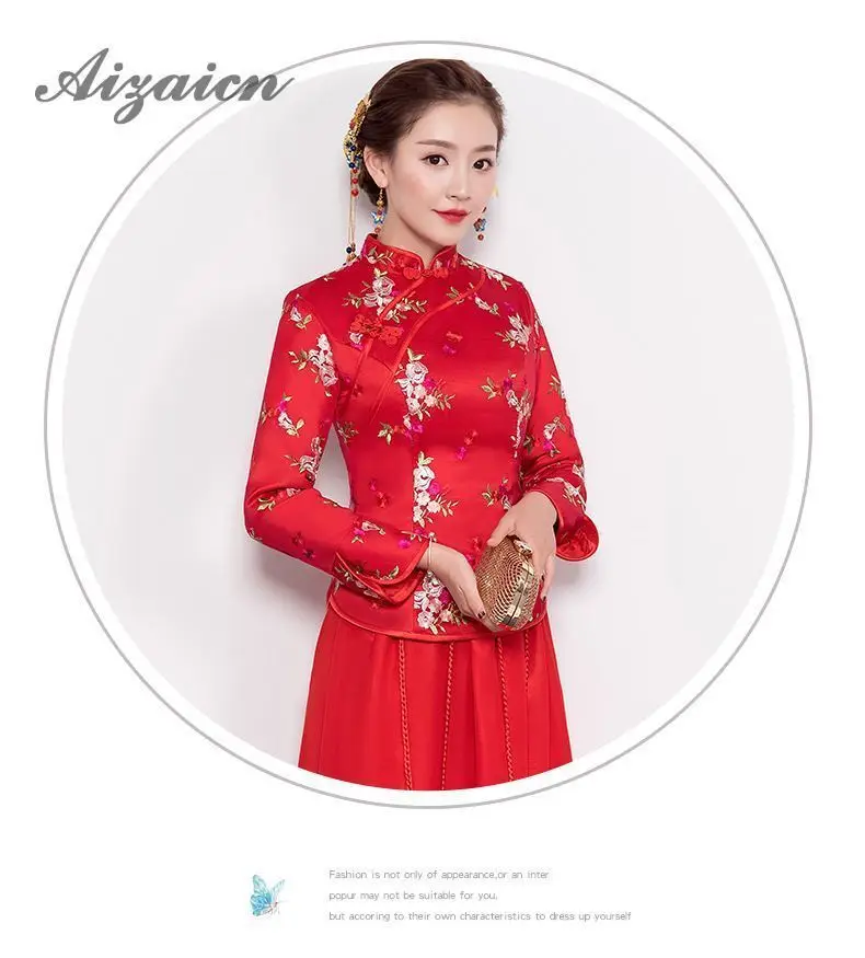 Rojo de novia estilo chino vestido de novia Cheongsam манга larga bordado Qipao vestido tradicional bata Chinoise 2019