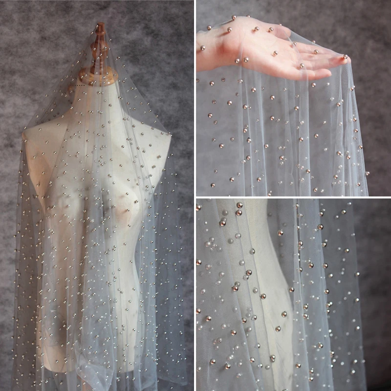 

Luxury Grey Color Handmade Beaded Mesh Bridal Fabric 1 Meter 150cm wide Wedding Dress Lace Fabric