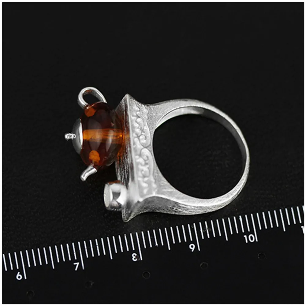 Lotus Fun Real 925 Sterling Silver Natural Amber Original Handmade Fine Jewelry Vintage Ring Cute Teapot Rings for Women Bijoux