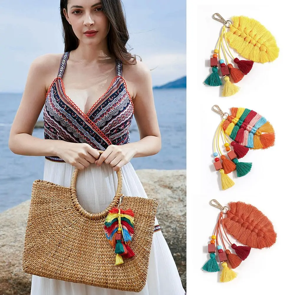 

New European And American Ethnic Style Keychain Handmade Cotton Woven Tassel Pendant Leaves Beads Conch Shell Bag Ornaments