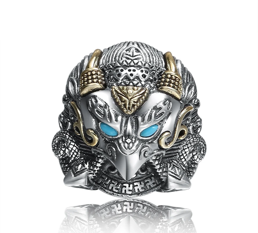 

925 Sterling Silver Retro Green Turquoise Eagle Open Ring Men Thai Silver Adjustable Finger Ring ZY293-10