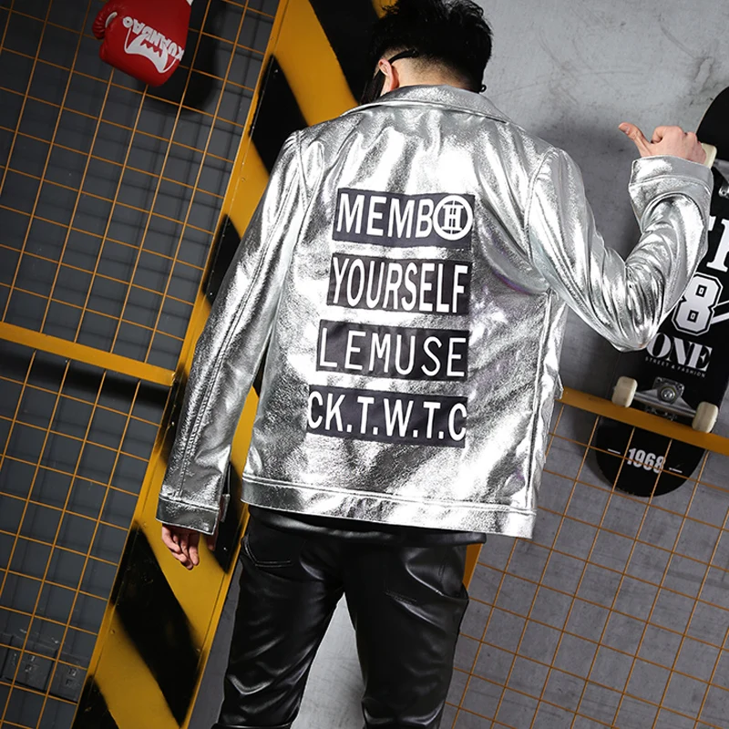 

M-XXL!!! 2018 New silver PU cool outerwear fashionable singer costumes stage costumes