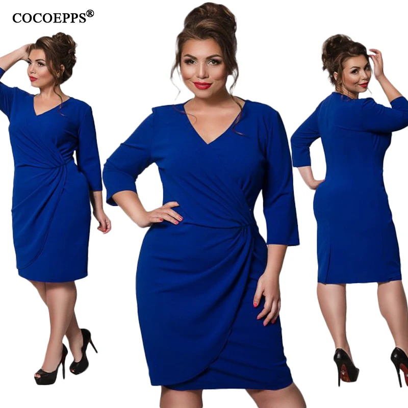 5XL 6XL autumn winter big size party dress blue slim dresses large sizes plus size work office dress solid vestidos v neck