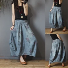 Летние Новые поступления женские повседневные универсальные свободные юбки размера плюс винтажный цветочный принт эластичная талия Отбеленные джинсовые хлопковые юбки