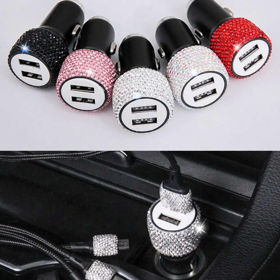 

New Diamond-Enhanced Dual USB Car Phone Safety Hammer Fast Charger 5 Colors Car Decoration Accessories