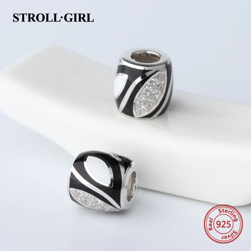 StrollGirl high polish black&white charms with CZ 925 silver vintage beads fit original pandora bracelet jewelry making men gift