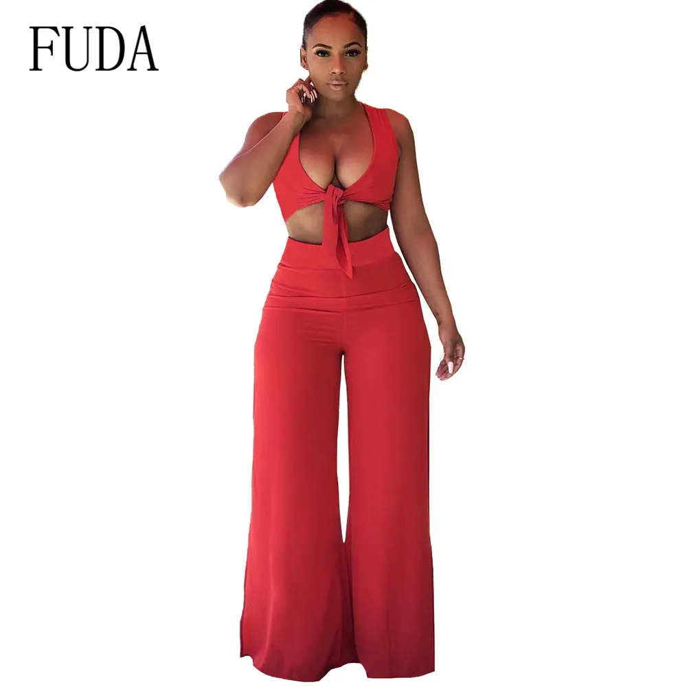 

FUDA Casual Two Pieces Sets Sleeveless Tie-up Crop Top and Wide Leg Pants Summer Deep V Neck Hollow Out Women Elegant Playsuits