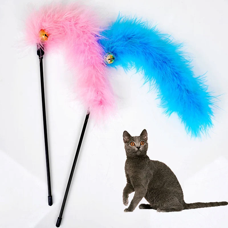 

Pink Blue color Turkey Feather Wand Stick with Bell For Cat Toys Catcher Teaser Toy For Pet Kitten Jumping Train Add Fun PD068