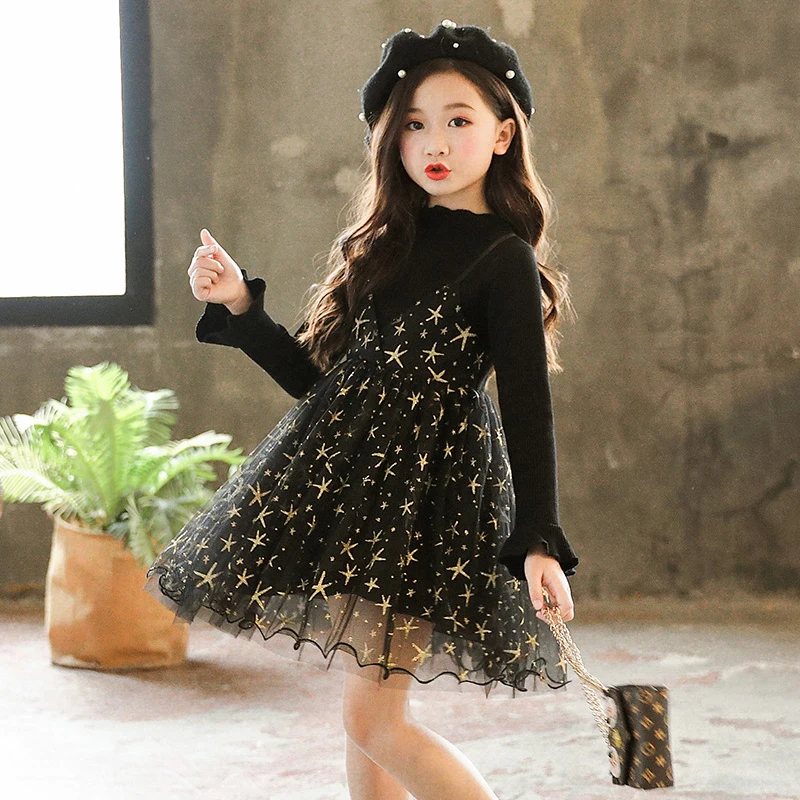 

Sunshine Swing baby girl fashion cute dress long sleeve knitted patchwork a-line vestido party princess girl's dress