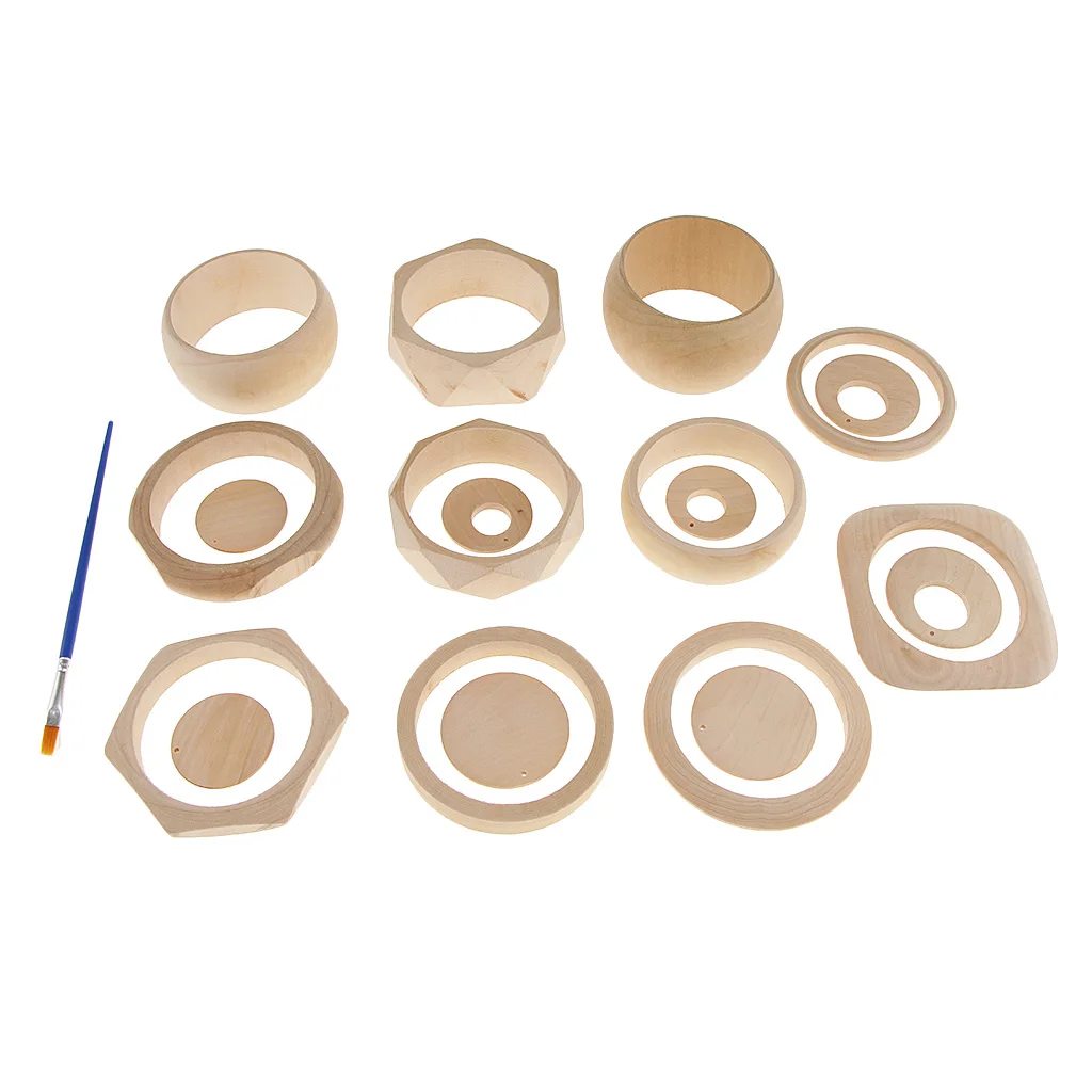 1 Set Natural Unfinished Assorted 11pcs Wood Cuff Bangle Geometric 8pcs Earrings Dangle DIY Craft Project Findings Kids Toy