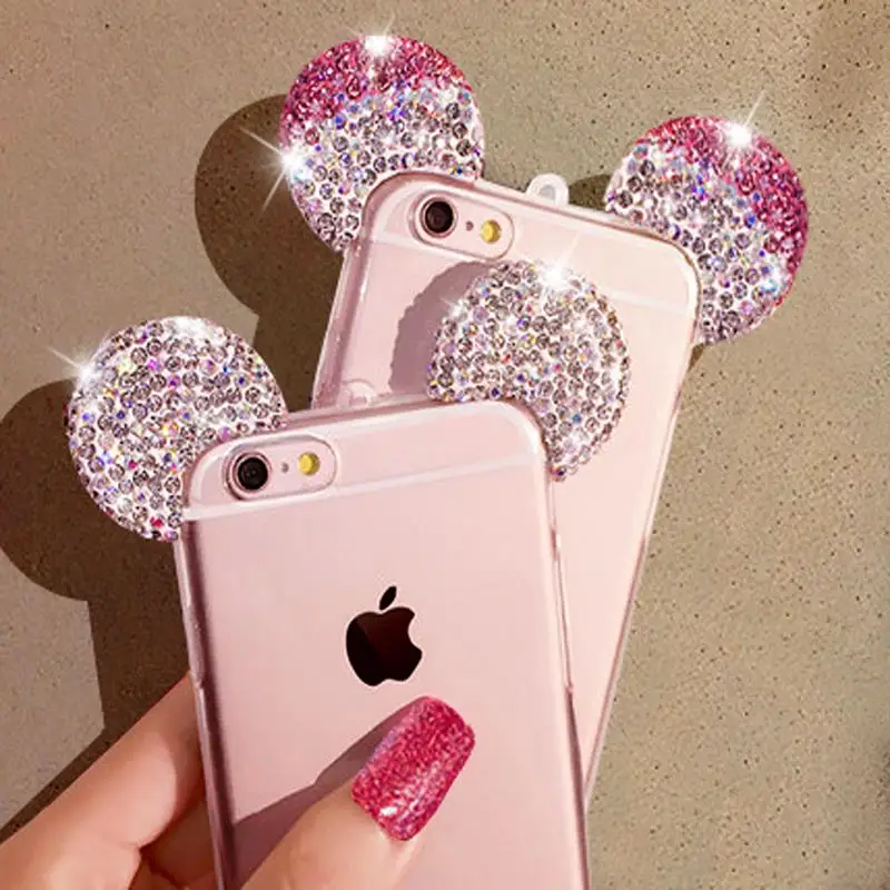 Luxury Diamond Mickey Minnie Ear Case For iPhone 6 6s Plus Fundas Rhinestone Soft TPU Clear Case Cover Foriphone 6 6s Fundas