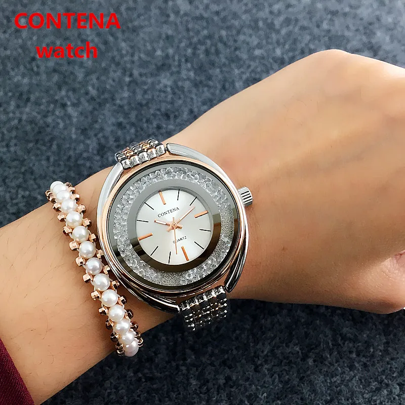 CONTENA, роскошные Брендовые женские часы с кристаллами и бриллиантами, розовые золотые часы, женские Полностью Стальные наручные часы, модные женские часы