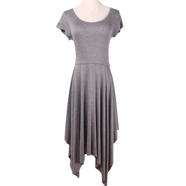 

2015 New Brief Stlye Short Sleeve Women Casual Day O-Neck Fashion Solid Color Asymmetrical Knee-Length Cotton Dress Wholesale