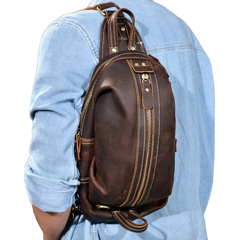 

Leather Vintage Sling Bag Crazy Horse Leather Men Chest Pack Crossbody Shoulder Bag Messenger Bags For Travel Chest Bag