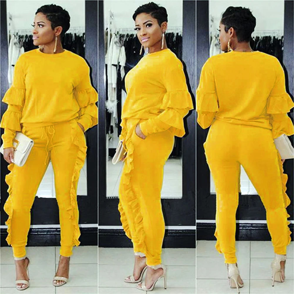 

Fashion Women Solid Two Pieces Set O-Neck Ruffle Long Sleeve Top Pullover Waist Drawstring Pants Patchwork Ruffles Casual Sets