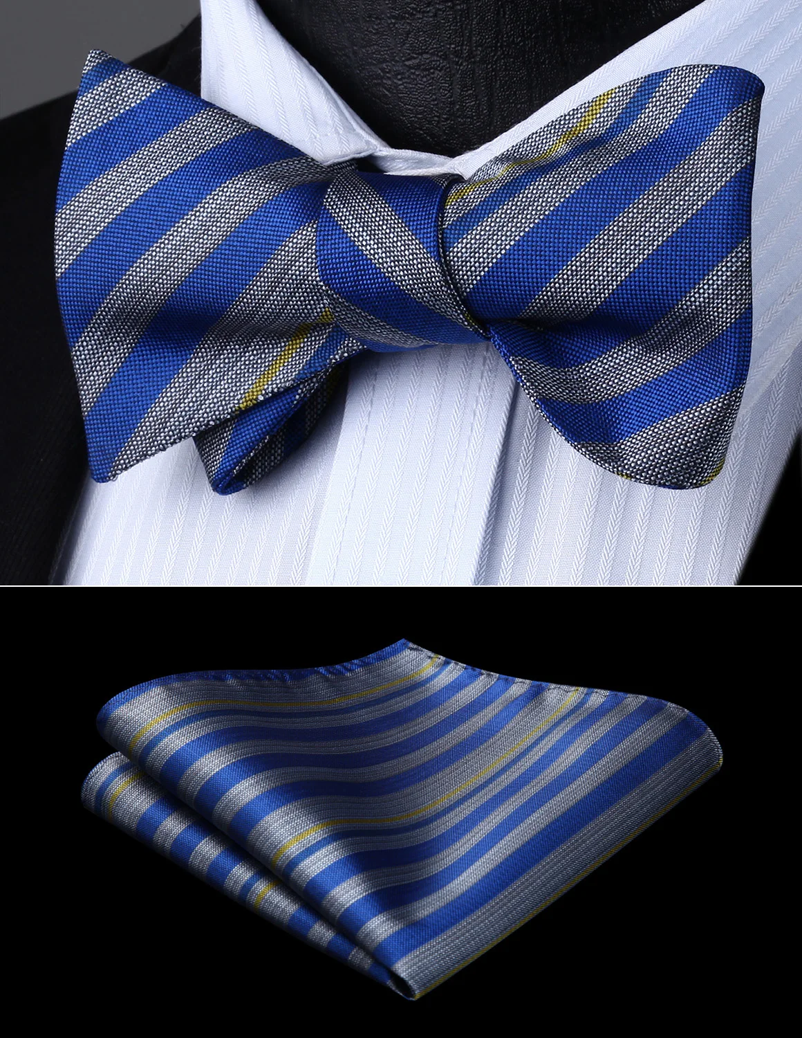 Bow Tie handkerchief set Men Woven Party Wedding Gray Blue Striped Self