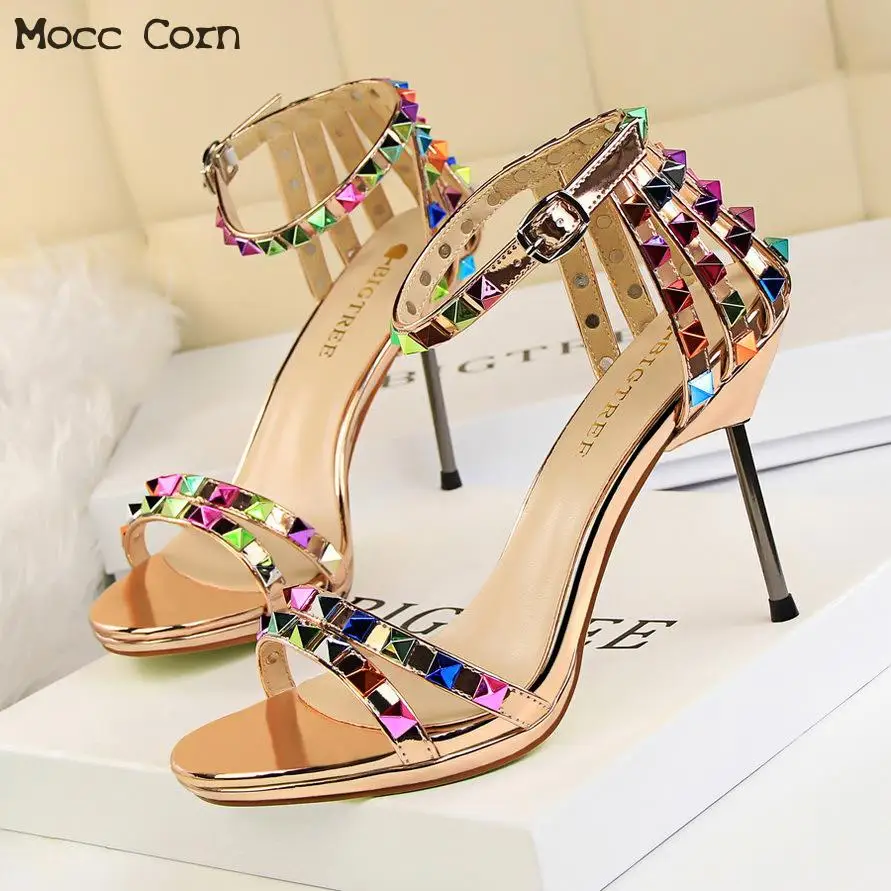 

Colorful Rivet High Heels Sandals Gladiator Women Sexy Wedding Sandal Shoe Open Toe Thin Heeled Sandals Ankle Strap Women Shoes