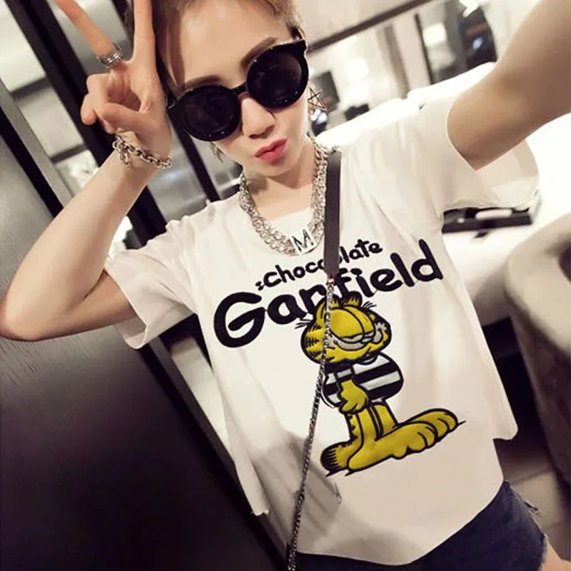 

Cartoon Garfield Cat Print Pattern Size Bottom Short Sleeve T-shirt Trend