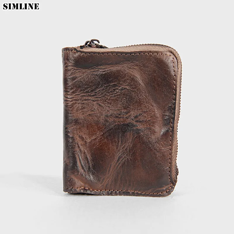 

100% Genuine Leather Wallet For Men Women Short Vintage Handmade Double Zipper Wallets Male Purse With Card Holder Coin Pocket