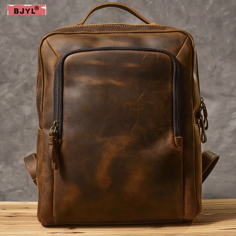 

BJYL New Men's Crazy Horse Leather Backpack Original Vintage Wind genuine Leather shoulder bag men 14 inch laptop Computer Bags