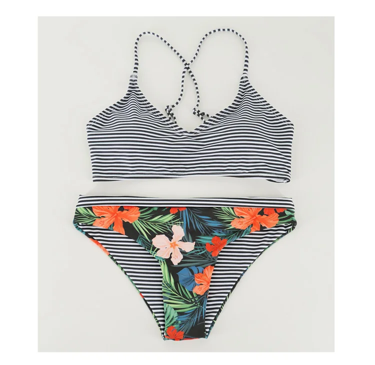 

2018 New Sexy Women Swimwear Floral Swimsuit Brazilian Low Waist Beach Wear Striped Bathing Suit Push Up Double Face Bikini Set