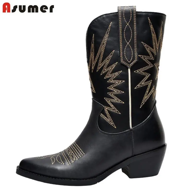 

2019 New Brand genuine leather boots women shoes square high heels autumn winter boots ladies western ankle boots female shoes