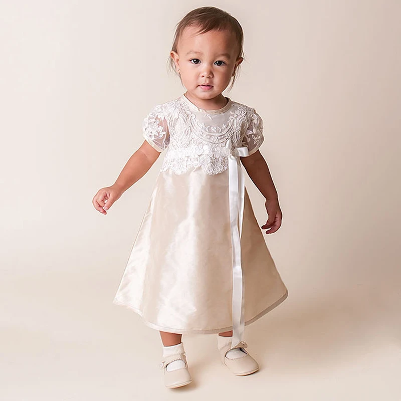 

With Headband Baby Baptism Gowns New Ankle Length Lace O-Neck Baby Girl Christening Gowns Short Sleeves Vestido De Festa Longo