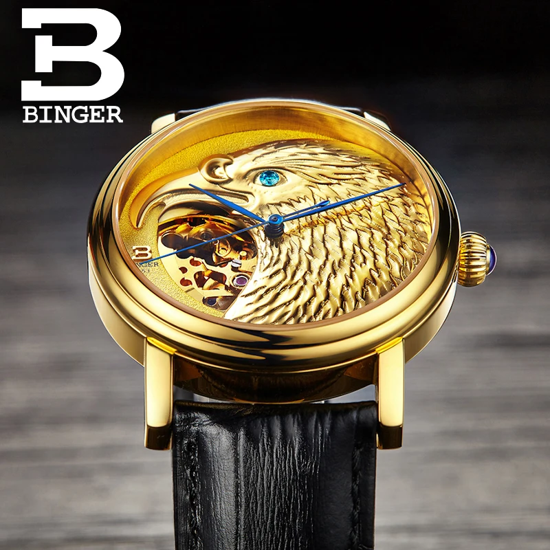 Switzerland BINGER watches men Japan 8N24 Automatic Movemt hawk sapphire genuine leather strap Mechanical Wristwatches B8888-3