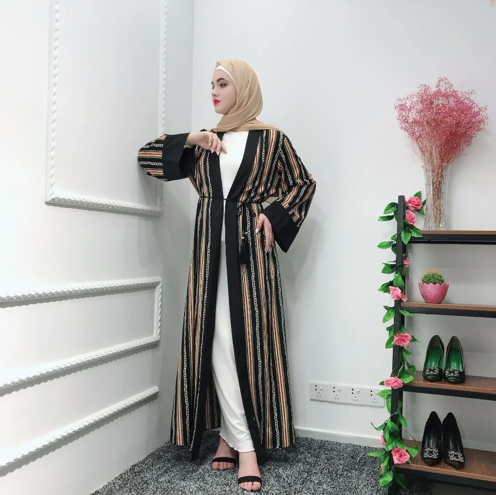 Кимоно мусульманское ОАЭ абайя полосатые цепи платье хиджаб кардиган Дубай Кафтан Рамадан Eid арабский Юба турецкая исламская одежда