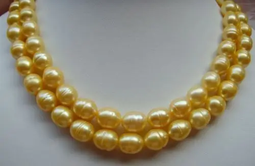 

>>>>>>2 ROWS 11-13mm south sea golden pearl necklace 18inch 14KGP