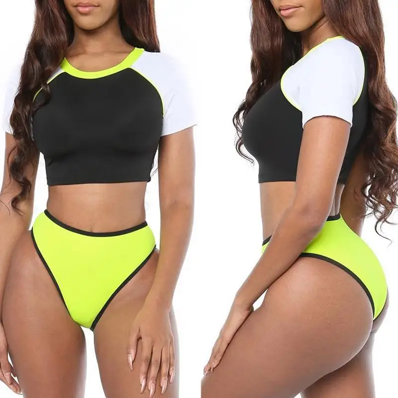 

Neon Sport Swimwear Women Bathing Suit Short Sleeve Swimsuit 2019 Patchwork Push Up High Leg Thong Bikini Set Swim Suit S-L