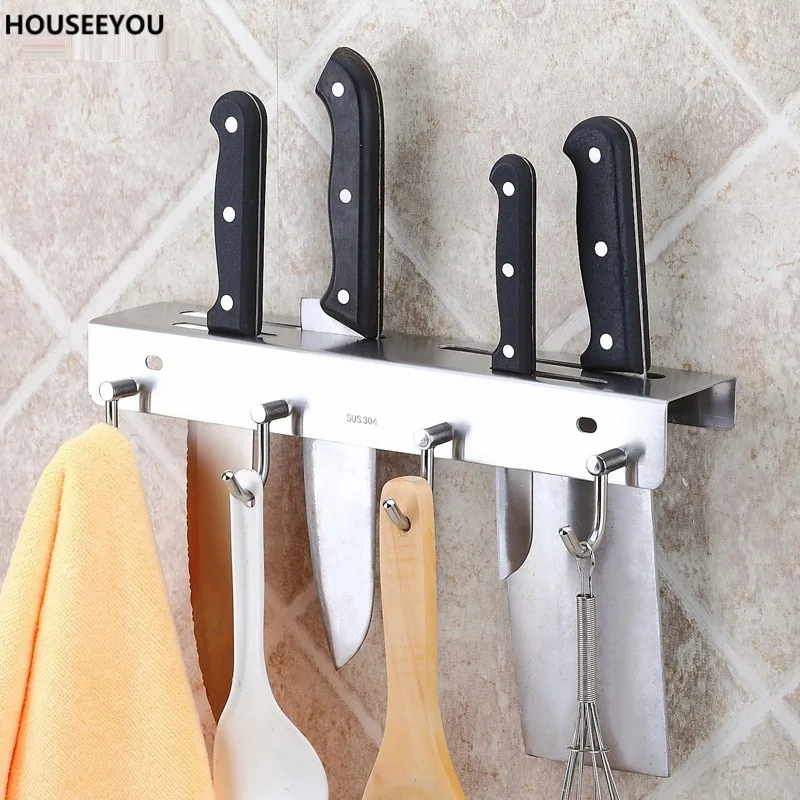 Stainless Steel Knife Holder Storage Rack Shelf 4 Hooks Kitchen Knife