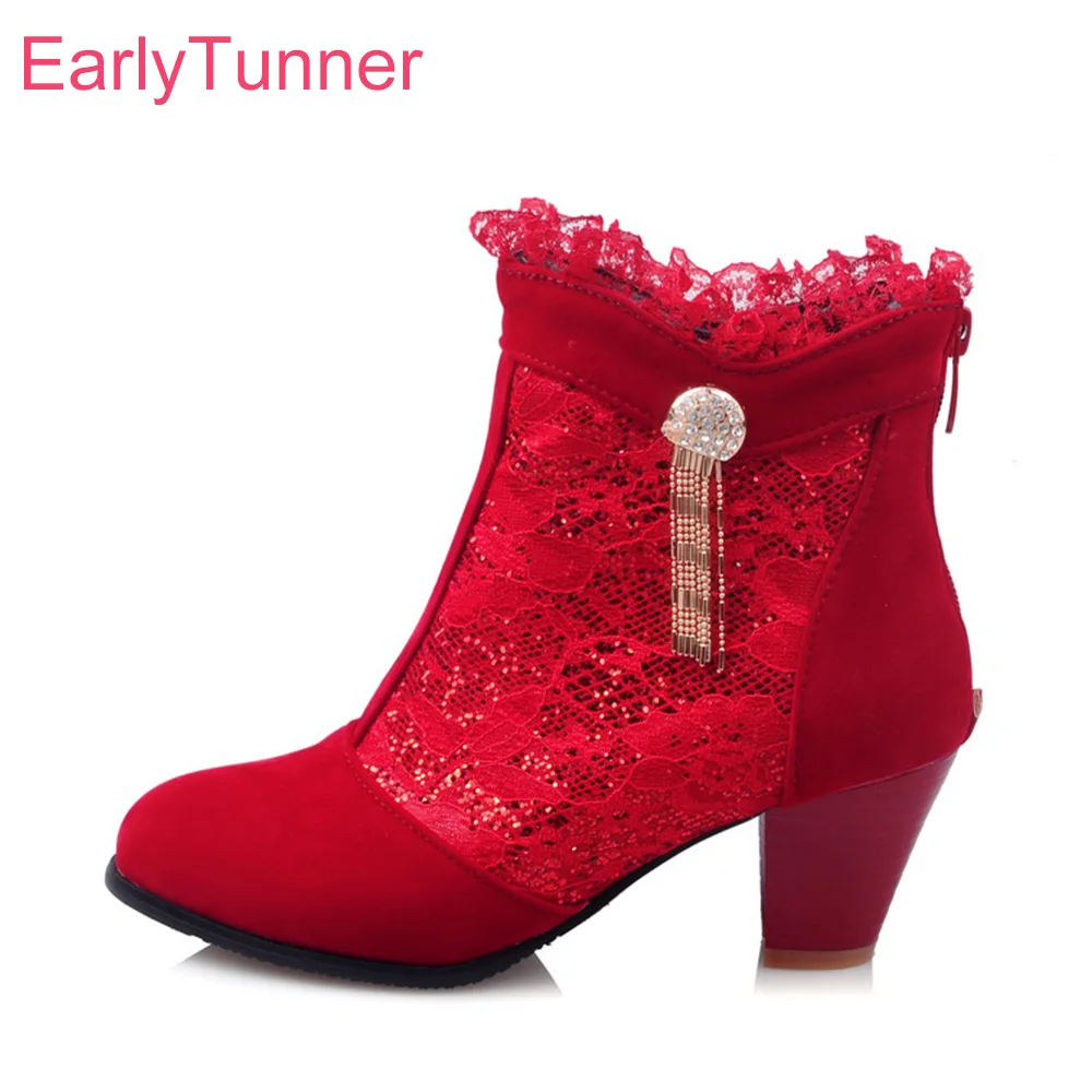 

Brand New Sale Elegant Women Ankle Boots Black Red Beige Breathable Sexy Lady Shoes Chunky Med Heel EMC54 Plus Big size 43 45 10