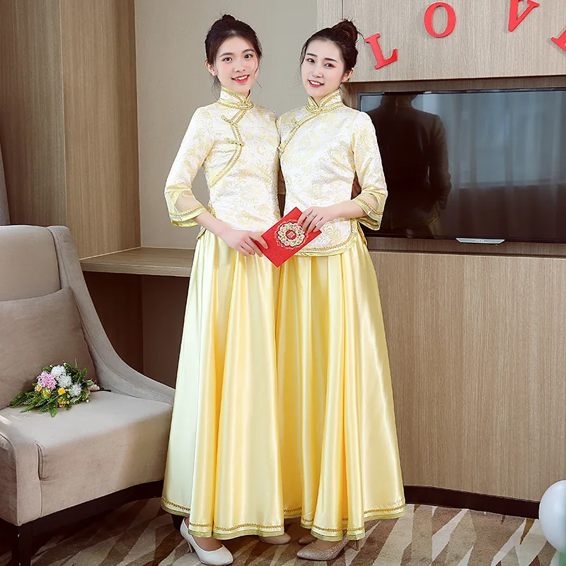 Женский китайский воротник Qipao элегантное Золотое Платье для свадебной вечеринки китайский плюс размер Чонсам с цветами дамское длинное vestido de festa 3XL