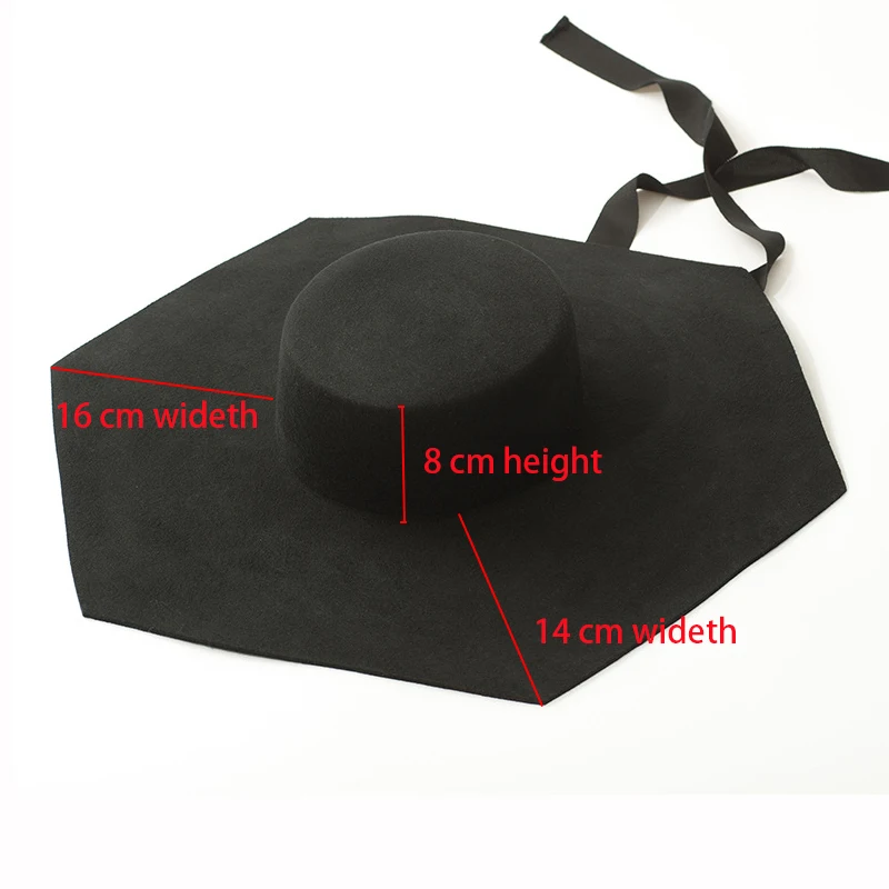 Модные женские большой край шестиугольная черная шерстяная войлочная одежда шапки; сезон осень-зима новые шляпы с плоским верхом с повязкой