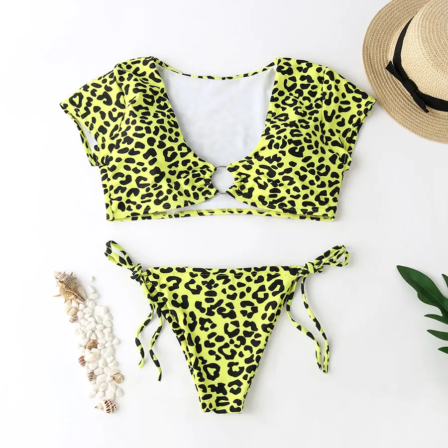 

Bikini 2019 Leopard Print Swimwear Women Bathers Yellow Brazilian Swimsuit Female T-shirt V-neck Thong Bikini Sexy Swimming