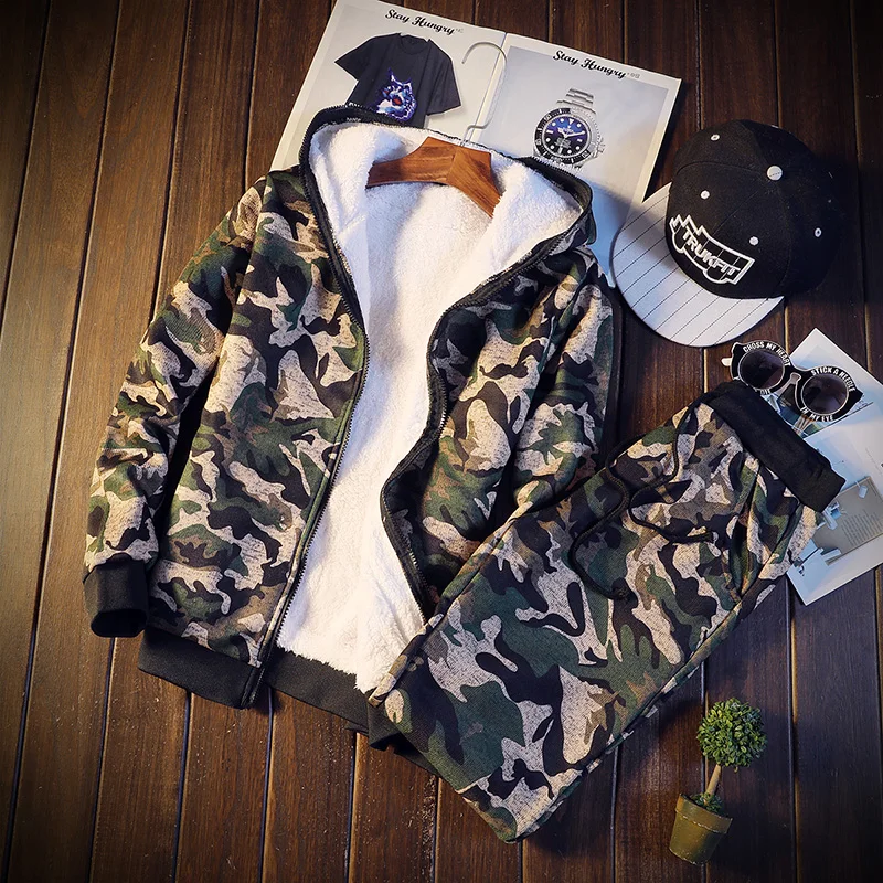 

Winter Men's Sportwear Suit Sweatshirt Tracksuit Hoodie Men Casual Military Suit Zipper Outwear 2pcs Fur Lining Jacket+pants