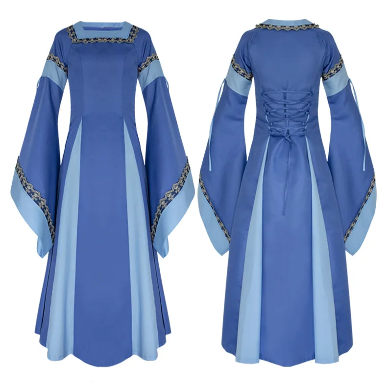 Платье в викторианском стиле для женщин среднего возраста с квадратным вырезом и Расклешенным рукавом; костюмы для косплея на Хэллоуин; длинное платье; средневековое платье - Цвет: Синий