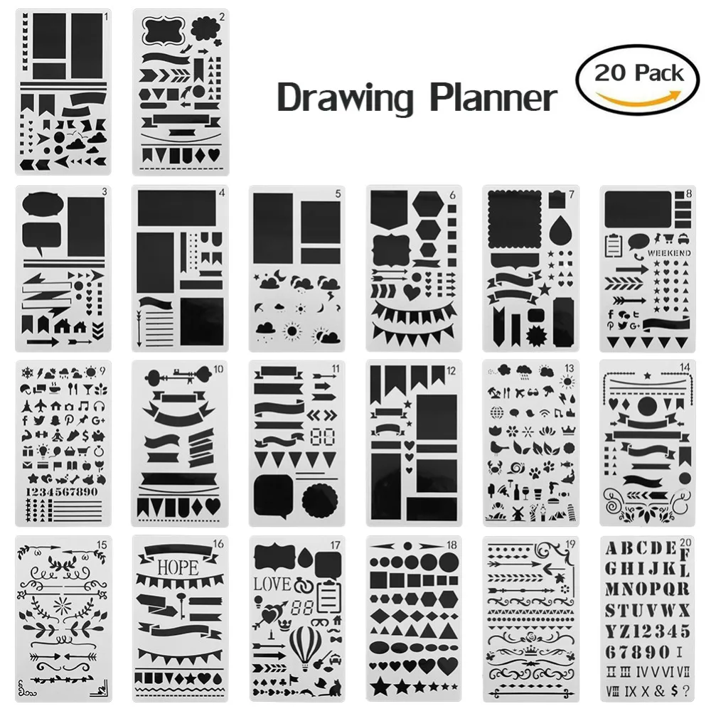 

20 Pcs Journal Stencil Set Plastic Template DIY Drawing Planner for DJournaling/Scrapbooking/Notebook/Diary/Card 4 x 7 Inch