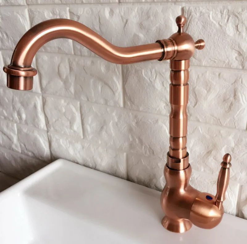 Antique Red Copper Brass Bathroom Kitchen Basin Sink Faucet Mixer Tap Swivel Spout Single Handle One Hole Deck Mounted mnf407