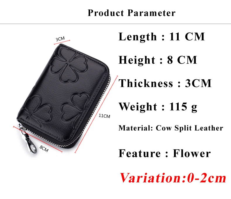 Lomelobo Lady Flower Card Holder Split Leather Girl Zipper Coin Purse Women Business Card Cowhide Female Credit ID Cards Wallets HCL7132  Details (02)