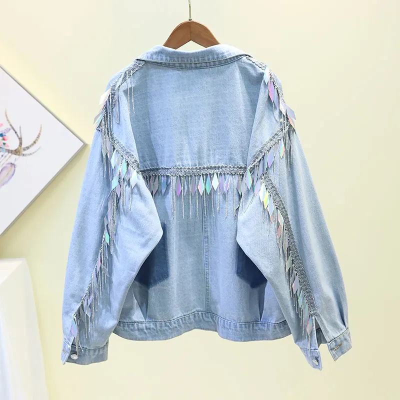 

Heavy Industry Sequins Tassel Bomber Denim Jacket Coat 2019 Fashion Jacket Women Loose Plus size BF Wind Basic Outwear SL158
