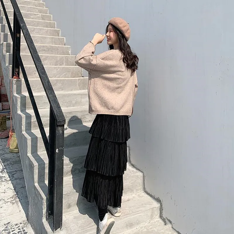 Корейская уличная макси юбка Весенняя женская одежда Harajuku больших размеров плиссированные юбки Эластичная Высокая талия кавайная юбка