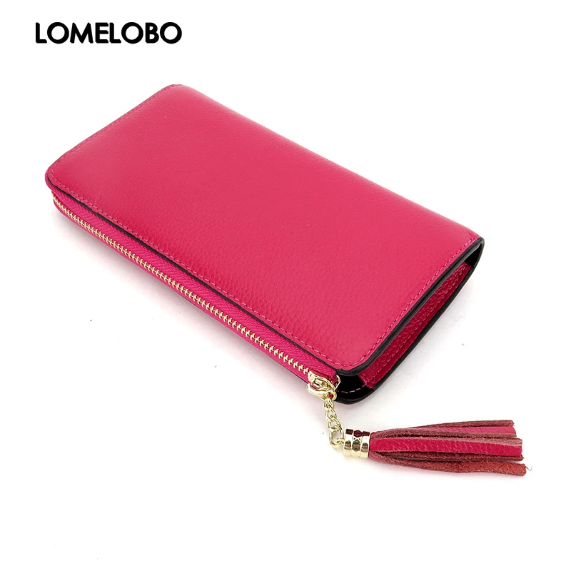 

Lomelobo hot Fashion simple women genuine cow leather long wallets female tassel zipper around Purse lady clutch wallets HPLA036