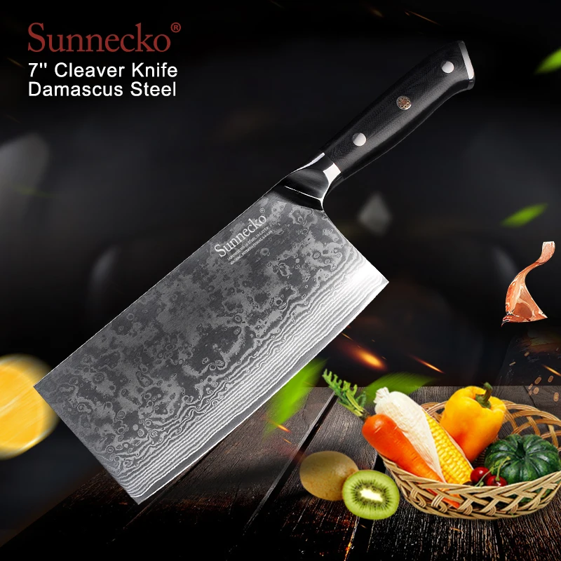 

Sunncko 7" inch Cleaver Kitchen Chef Knife Japanese Damascus VG10 Steel Razor Sharp Blade 60HRC Strong G10 Handle Cutting Tools