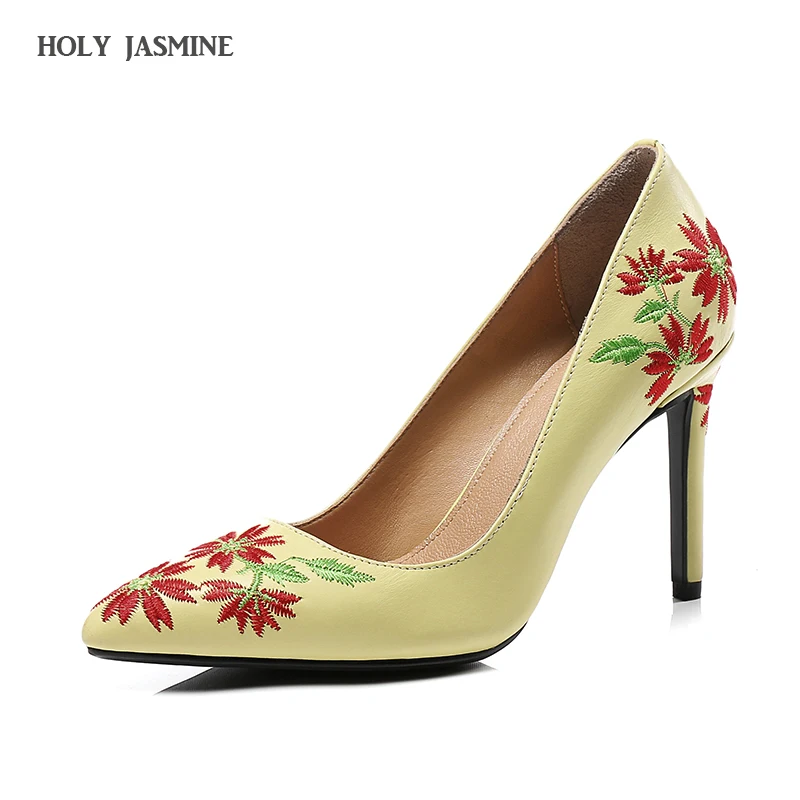 

Free shipping Embroider Genuine Leather hot sale pointed toe women lady 9cm high heel shoes pump plus big size 2018 Spring New